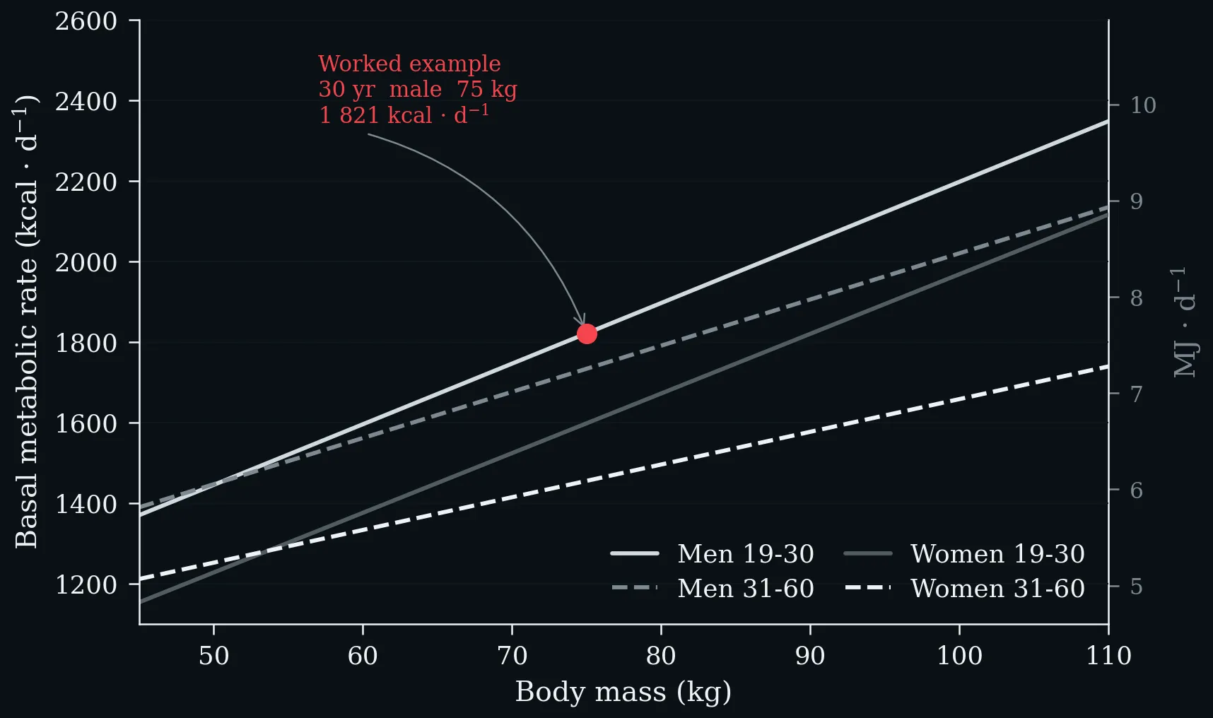 Predicted basal metabolic rate as a function of body mass