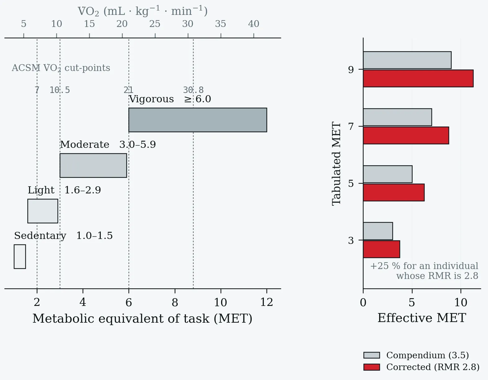 MET zones for physical activity and the effect of an individual RMR correction